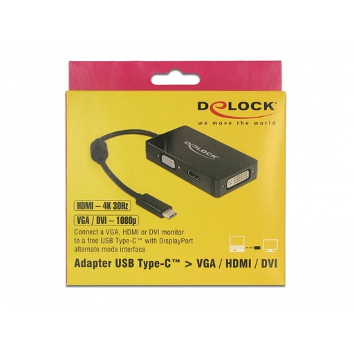Delock Adapter USB-C auf VGA/HDMI/DVI Buchse schwarz 30Hz
